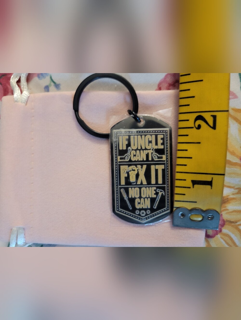 New In Velvet Pouch "If Uncle Can't Fix It" Metal Keychain - Black & Silver